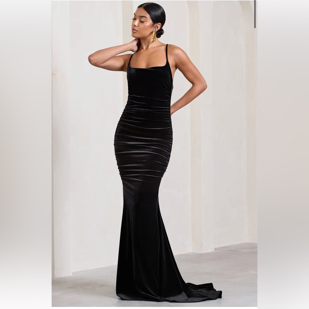 New Club L London Adele Black Velvet Ruched Strappy Fishtail Maxi Dress